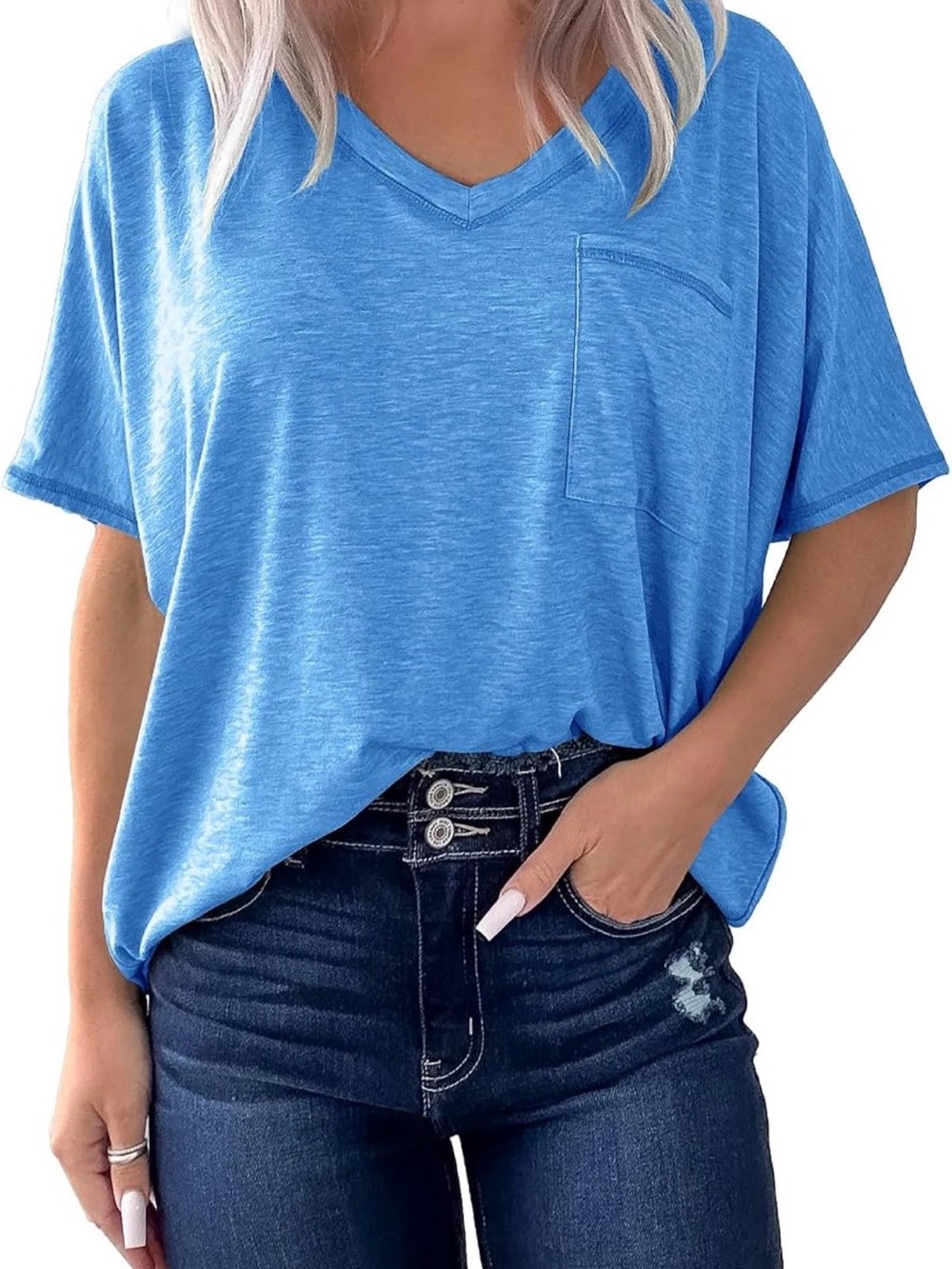 HERILIOS Womens Oversized V-Neck T Shirt Short Dolman Sleeve Basic Tee Tops XL